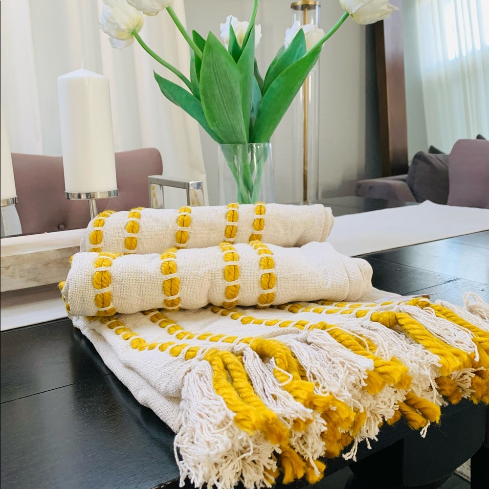 Cream and Mustard Woven Throw Blanket with Tassels